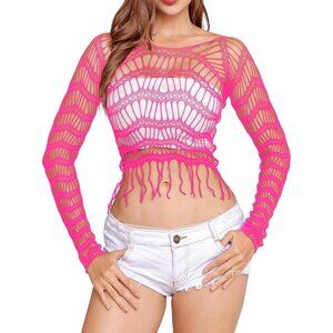 🆕Women Pink Fishnet Crop Top Babydoll Chemise Lingerie Tassels Stretchy Nylon